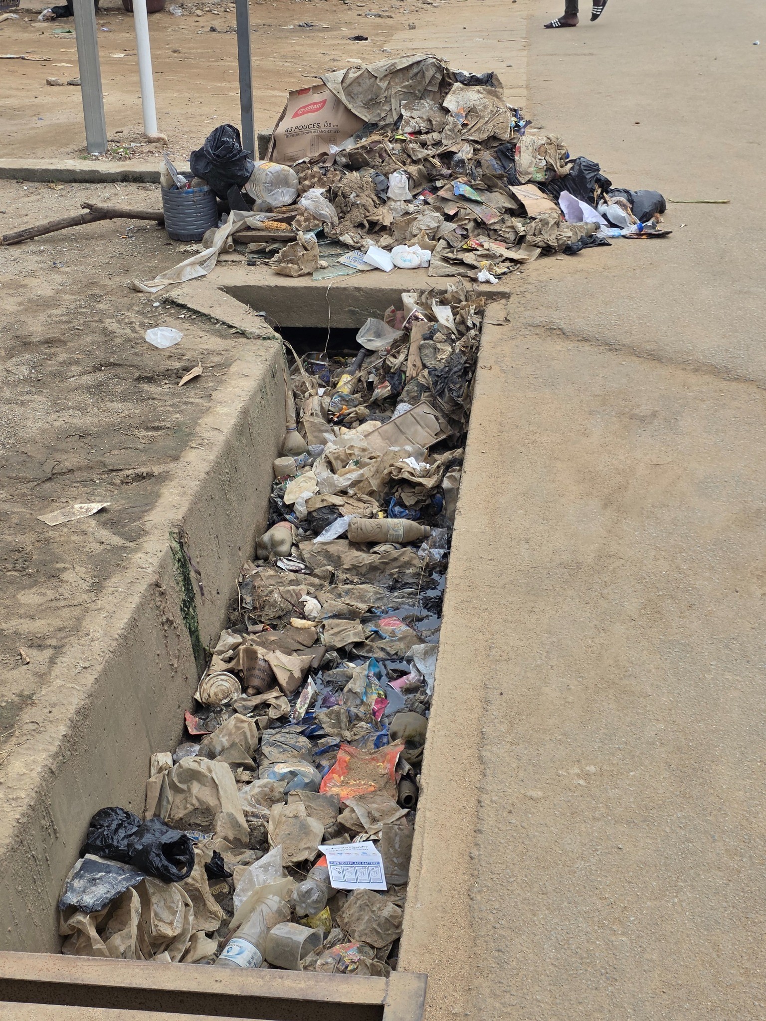 Caniveau rempli de déchets