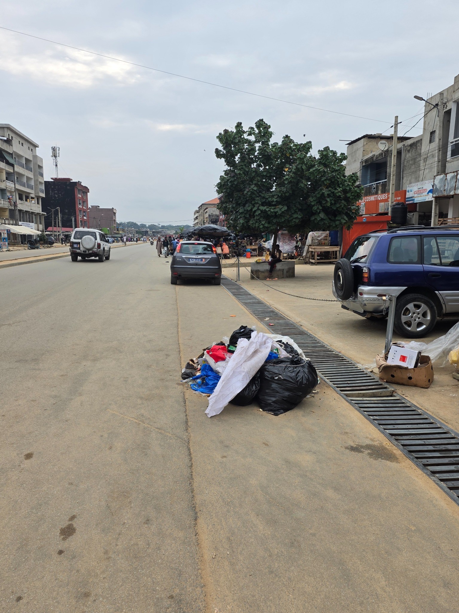 Dépôt de déchets sur le trottoir près d’un arbre