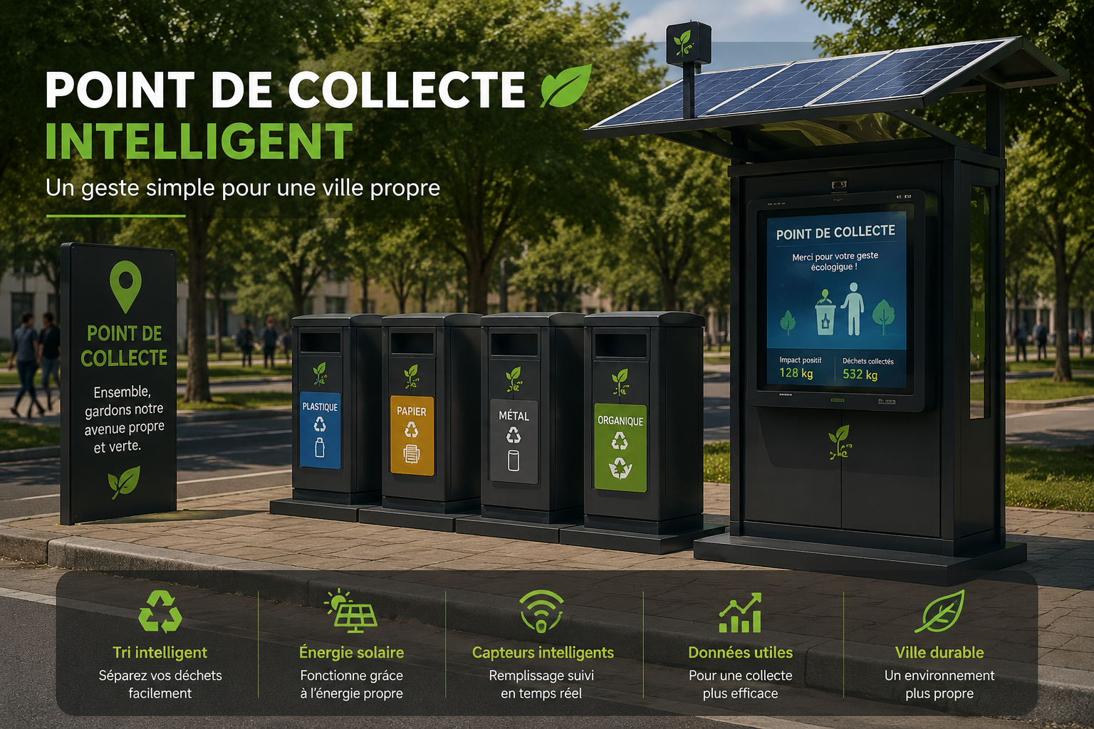 Point de collecte intelligent solaire avec bacs de tri